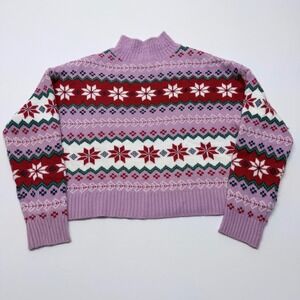 33 Degrees Purple Fair Isle Snowflake Cropped Mock Neck Sweater Large